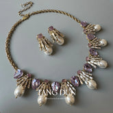 KEQIU Retro Court Style Purple Glass Pearl Necklace And Earrings Set Elegant Vintage Accessory for Women