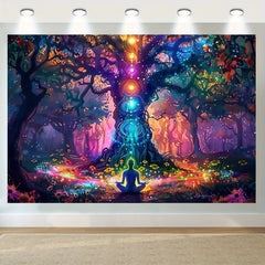 VIKAMA Spiritual Chakra Forest Tapestry Meditation Tree Bohemian Style Living Room Feature Wall Decor Room Accent