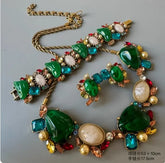 KEQIU Retro Resin Rhinestone Embedded Heavy Necklace Bracelet Earrings Set Elegant Vintage Jewelry Accessory
