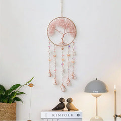 Crystal Suncatcher Hanging Home Decor Gemstone Pink Quartz Fluorite Agate Amethyst Tree of Life Dream Catcher for Christmas Gift