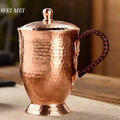 Vintage Pure Copper Mug,With lid Milk Breakfast Coffee Cup,Handcrafted Woven Handle Hammer Texture Home 400ml Tea Cup Tableware