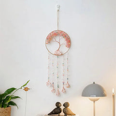 Crystal Suncatcher Hanging Home Decor Gemstone Pink Quartz Fluorite Agate Amethyst Tree of Life Dream Catcher for Christmas Gift