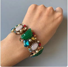 KEQIU Retro Resin Rhinestone Embedded Heavy Necklace Bracelet Earrings Set Elegant Vintage Jewelry Accessory