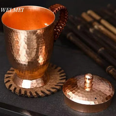 Vintage Pure Copper Mug,With lid Milk Breakfast Coffee Cup,Handcrafted Woven Handle Hammer Texture Home 400ml Tea Cup Tableware