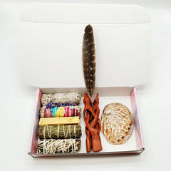 Home Cleansing & Smudging Kit with White Sage, Cedar, Rose Sage, Blue Sage, Palo Santo, Abalone & Stand, Smudge Feather Yoga Set