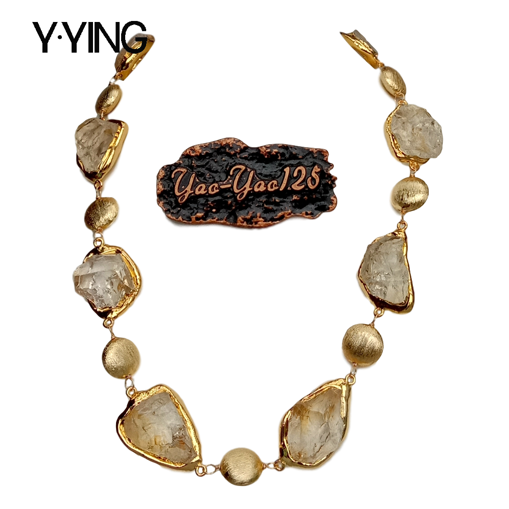 Y·YING Natural Citrines Raw Rough pave Gold color Plated Edge Brushed Bead choker Necklace 21" for women