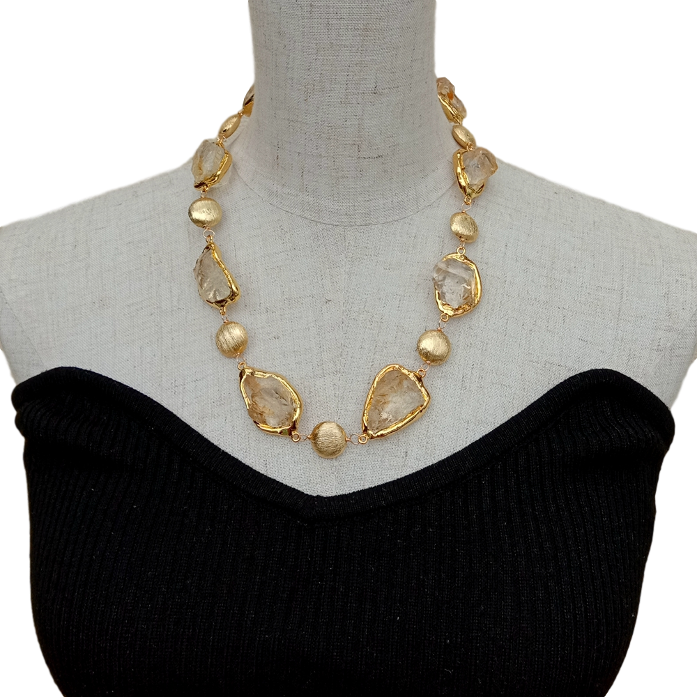 Y·YING Natural Citrines Raw Rough pave Gold color Plated Edge Brushed Bead choker Necklace 21" for women
