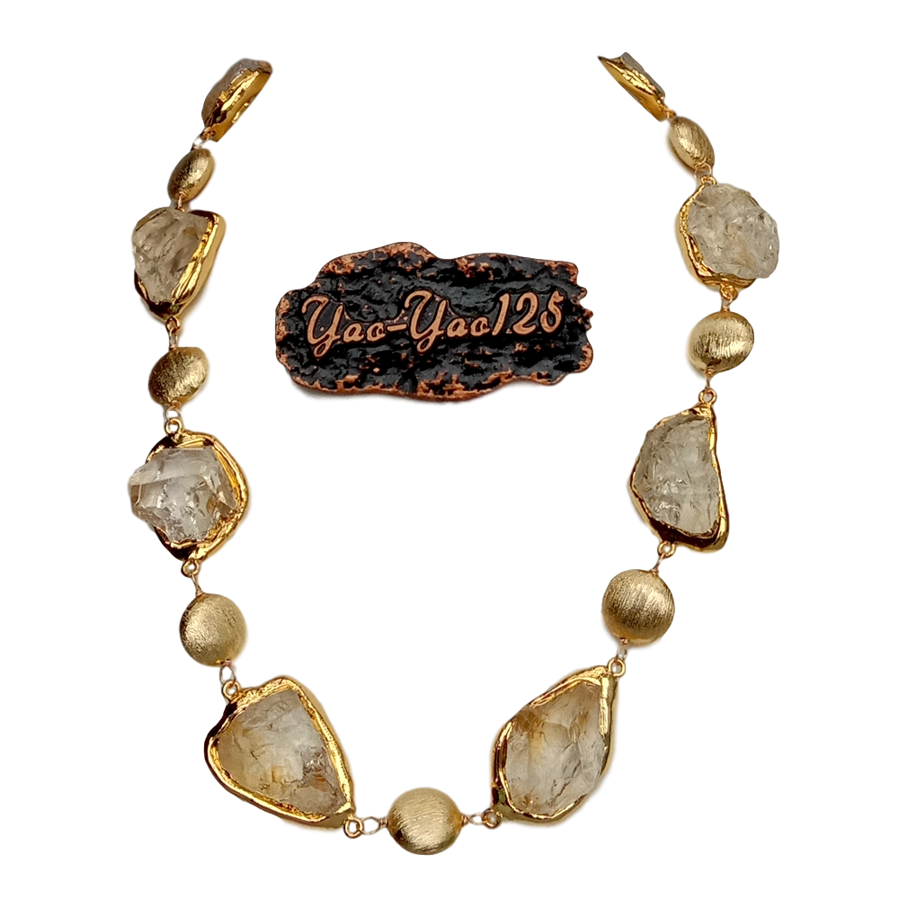 Y·YING Natural Citrines Raw Rough pave Gold color Plated Edge Brushed Bead choker Necklace 21" for women
