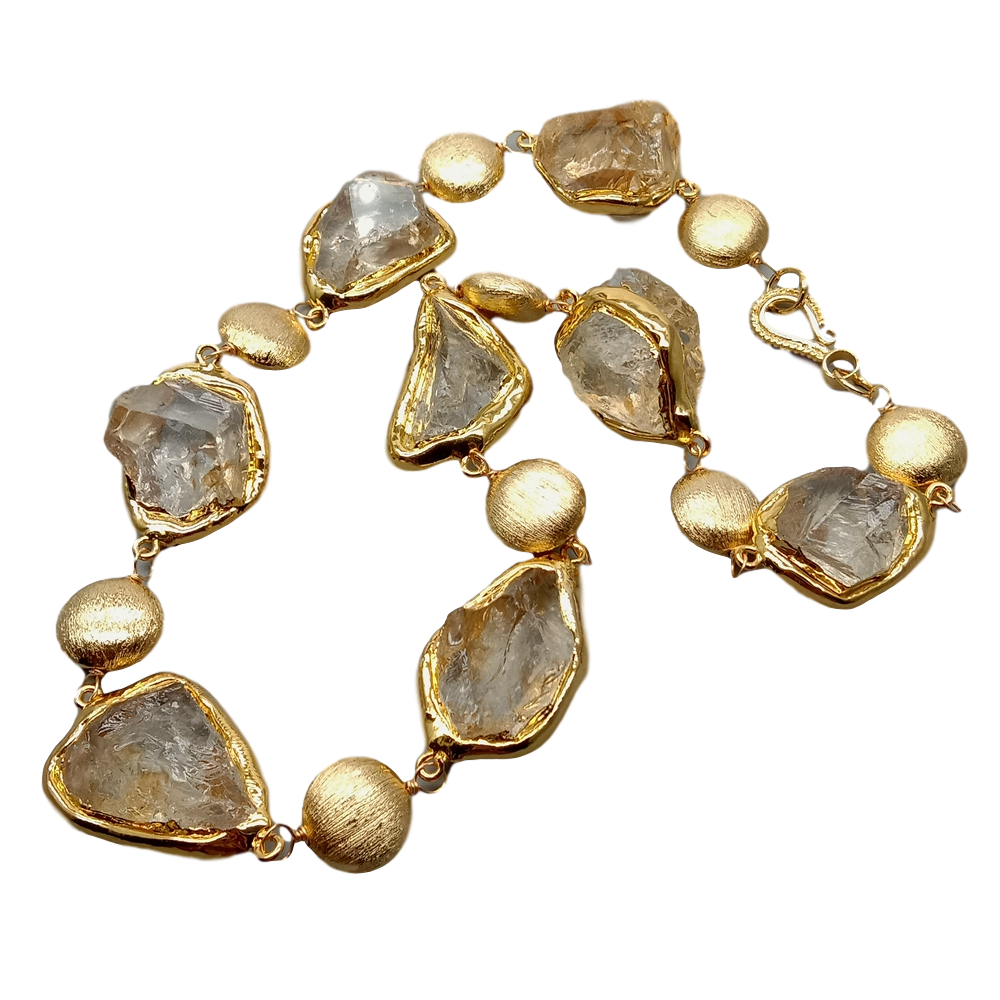 Y·YING Natural Citrines Raw Rough pave Gold color Plated Edge Brushed Bead choker Necklace 21" for women