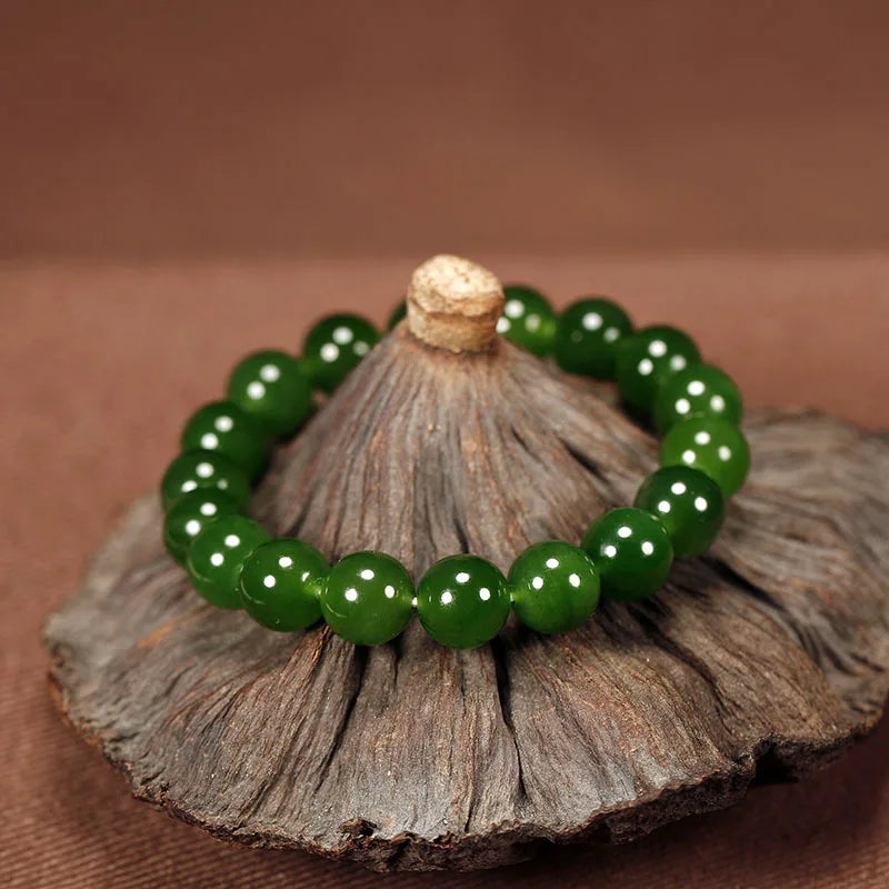 Natural Jade Bracelet Real Hetian Jasper Elastic Beaded Bangles Green Stone Fine Jewelry for Men & Women Couple Bracelets
