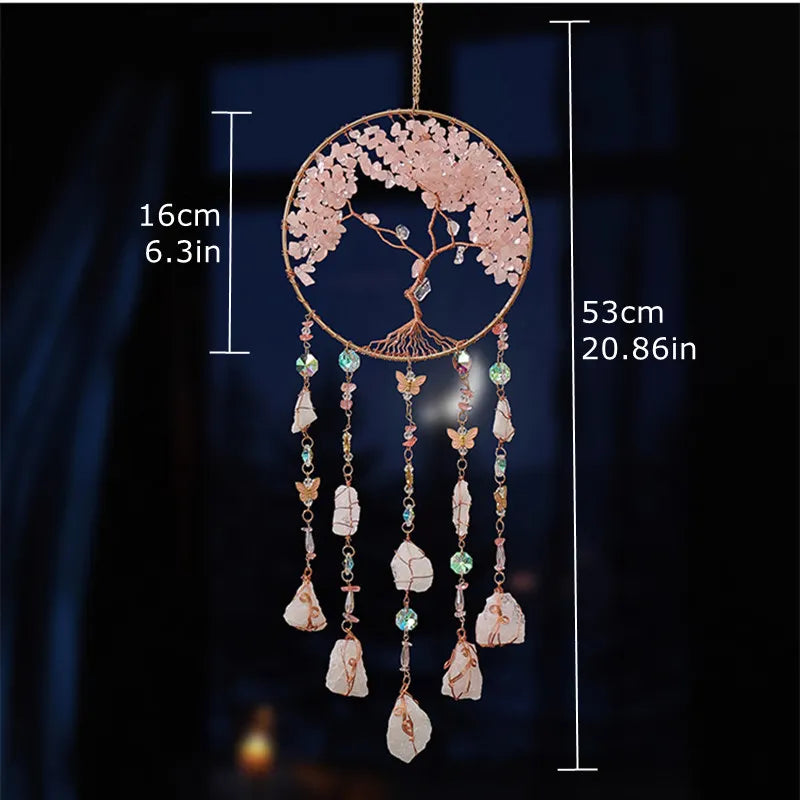 Crystal Suncatcher Hanging Home Decor Gemstone Pink Quartz Fluorite Agate Amethyst Tree of Life Dream Catcher for Christmas Gift