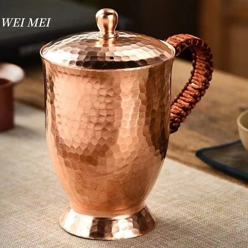 Vintage Pure Copper Mug,With lid Milk Breakfast Coffee Cup,Handcrafted Woven Handle Hammer Texture Home 400ml Tea Cup Tableware