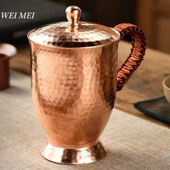 Vintage Pure Copper Mug,With lid Milk Breakfast Coffee Cup,Handcrafted Woven Handle Hammer Texture Home 400ml Tea Cup Tableware