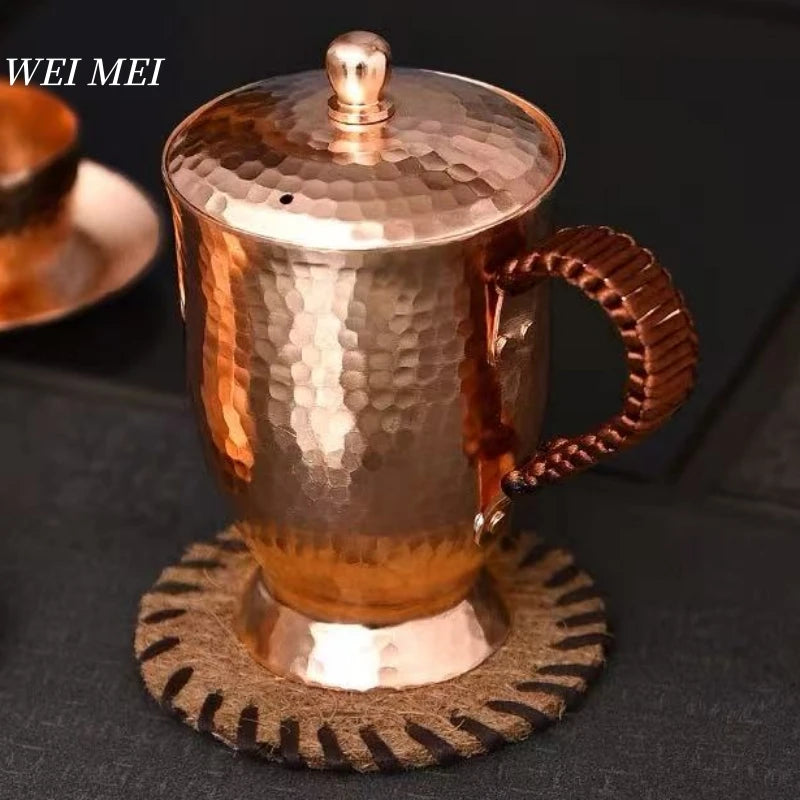 Vintage Pure Copper Mug,With lid Milk Breakfast Coffee Cup,Handcrafted Woven Handle Hammer Texture Home 400ml Tea Cup Tableware