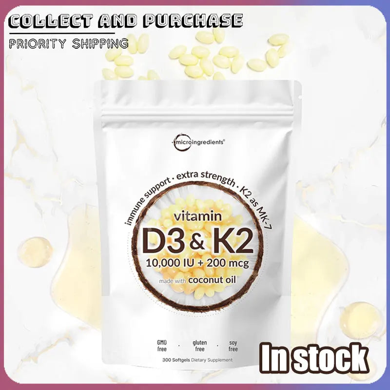Vitamin D3 10000 IU + K2 MK-7 200 mcg Softgels with Coconut Oil 2-in-1 Vitamin D & K Complex Daily Supplement