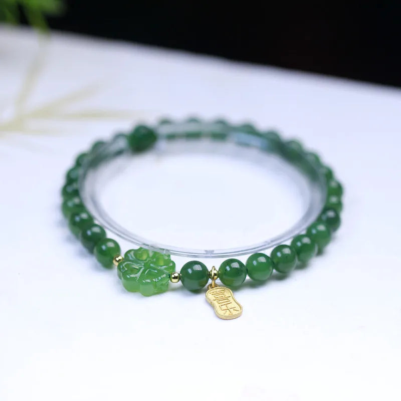 Natural Jade Bracelet Real Hetian Jasper Elastic Beaded Bangles Green Stone Fine Jewelry for Men & Women Couple Bracelets