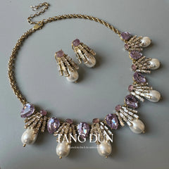 KEQIU Retro Court Style Purple Glass Pearl Necklace And Earrings Set Elegant Vintage Accessory for Women