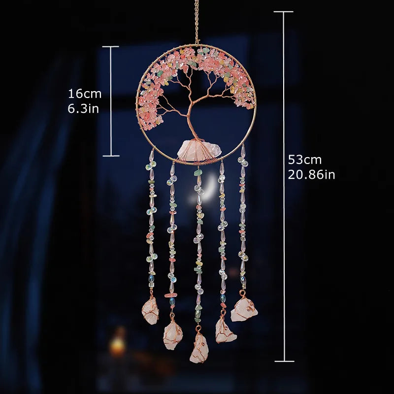 Crystal Suncatcher Hanging Home Decor Gemstone Pink Quartz Fluorite Agate Amethyst Tree of Life Dream Catcher for Christmas Gift