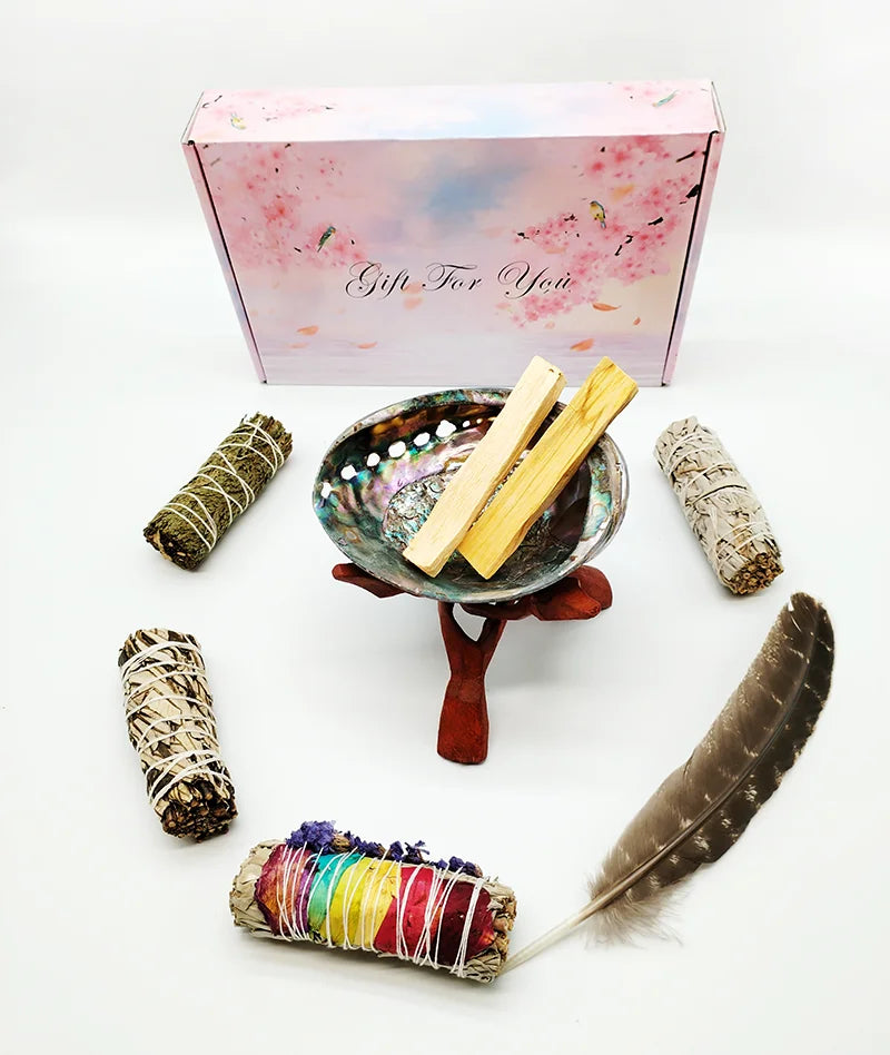 Home Cleansing & Smudging Kit with White Sage, Cedar, Rose Sage, Blue Sage, Palo Santo, Abalone & Stand, Smudge Feather Yoga Set