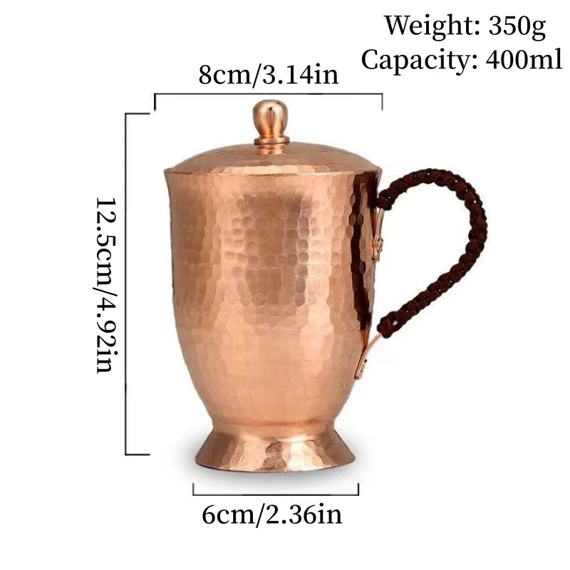 Vintage Pure Copper Mug,With lid Milk Breakfast Coffee Cup,Handcrafted Woven Handle Hammer Texture Home 400ml Tea Cup Tableware