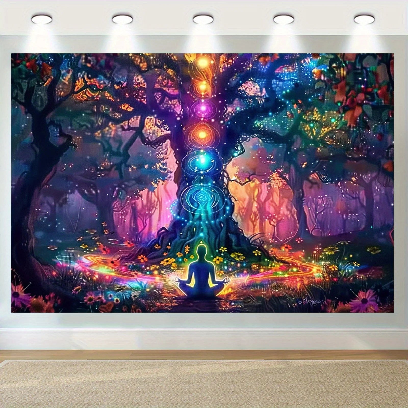 VIKAMA Spiritual Chakra Forest Tapestry Meditation Tree Bohemian Style Living Room Feature Wall Decor Room Accent