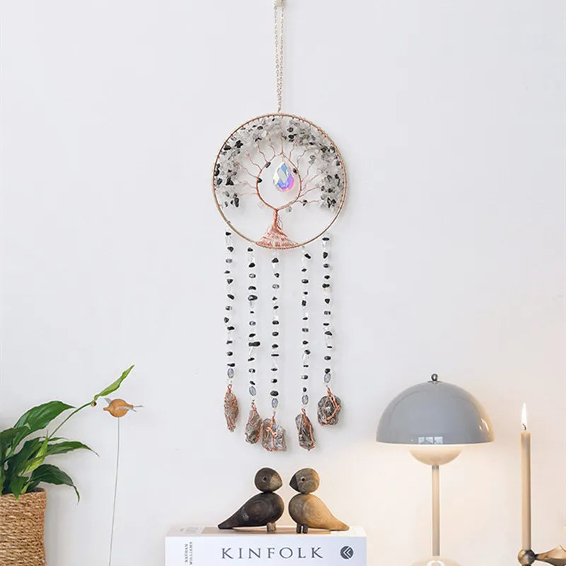 Crystal Suncatcher Hanging Home Decor Gemstone Pink Quartz Fluorite Agate Amethyst Tree of Life Dream Catcher for Christmas Gift