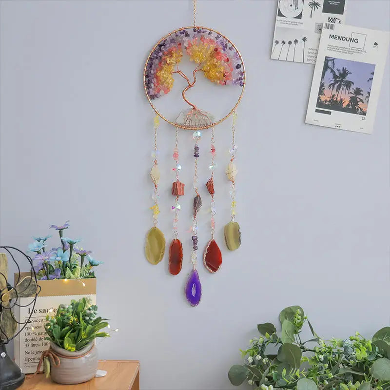 Crystal Suncatcher Hanging Home Decor Gemstone Pink Quartz Fluorite Agate Amethyst Tree of Life Dream Catcher for Christmas Gift