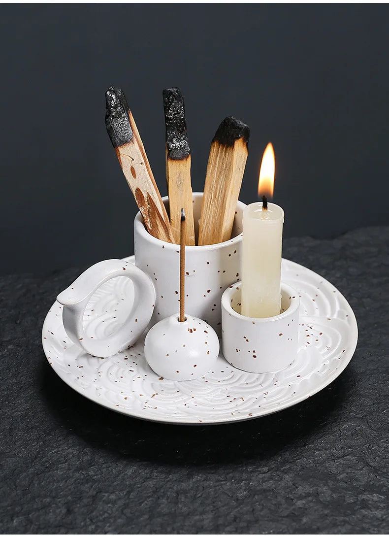 4 in 1 Ceramic Palo Santo Sticks Holder Incense Burner Sage Holder Incense Holders Ash Catcher Tray for Meditation Yoga Room