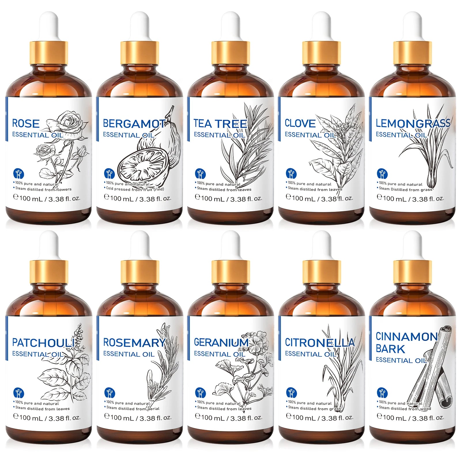 HIQILI 100% Tea Tree Essential Oil 100ml for Aromatherapy Massage DIY Beauty Skin Hair Relaxation Lavender Ginger Sandalwood