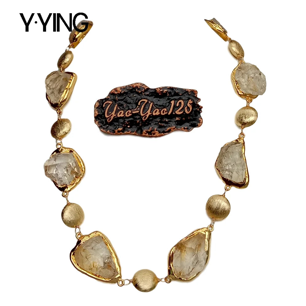 Y·YING Natural Citrines Raw Rough pave Gold color Plated Edge Brushed Bead choker Necklace 21" for women