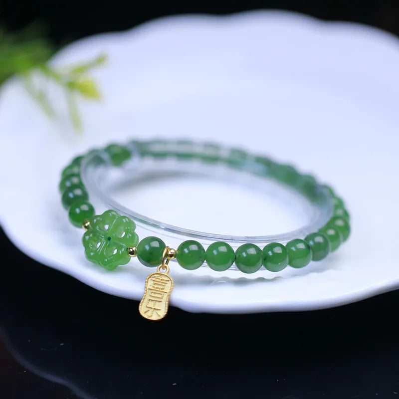 Natural Jade Bracelet Real Hetian Jasper Elastic Beaded Bangles Green Stone Fine Jewelry for Men & Women Couple Bracelets