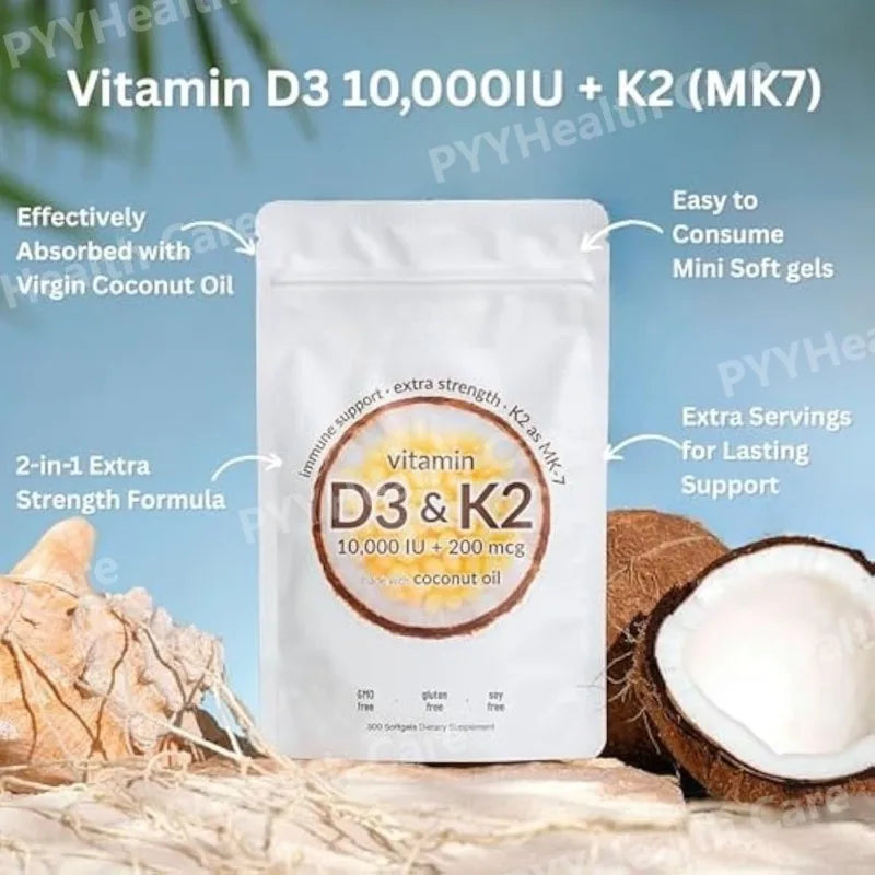Vitamin D3 10000 IU + K2 MK-7 200 mcg Softgels with Coconut Oil 2-in-1 Vitamin D & K Complex Daily Supplement