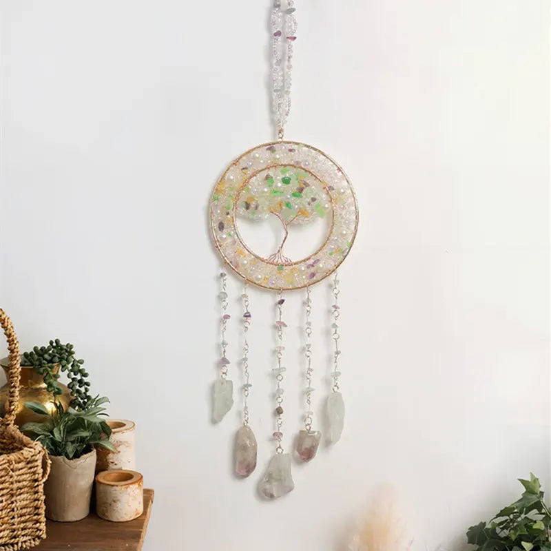 Crystal Suncatcher Hanging Home Decor Gemstone Pink Quartz Fluorite Agate Amethyst Tree of Life Dream Catcher for Christmas Gift