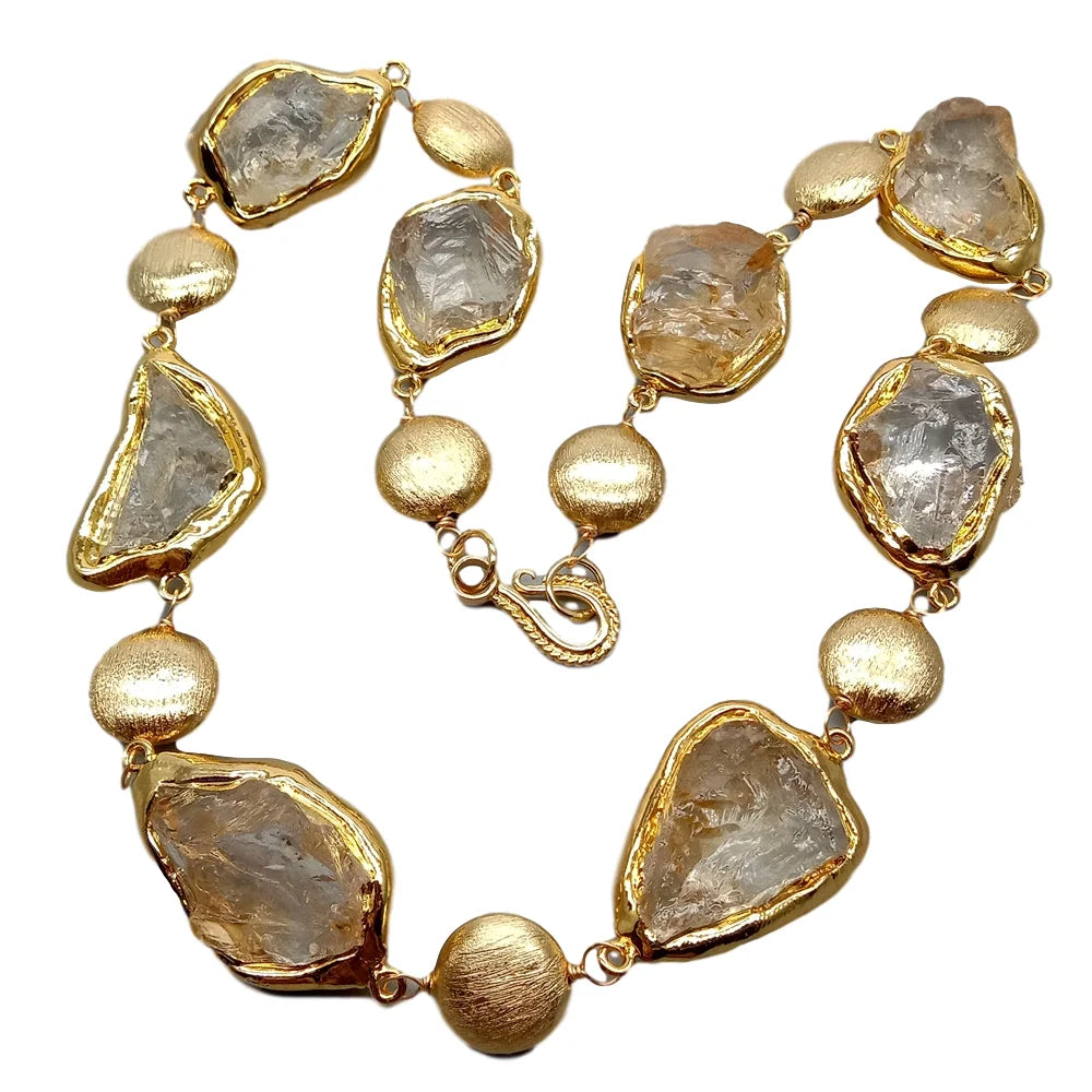Y·YING Natural Citrines Raw Rough pave Gold color Plated Edge Brushed Bead choker Necklace 21" for women