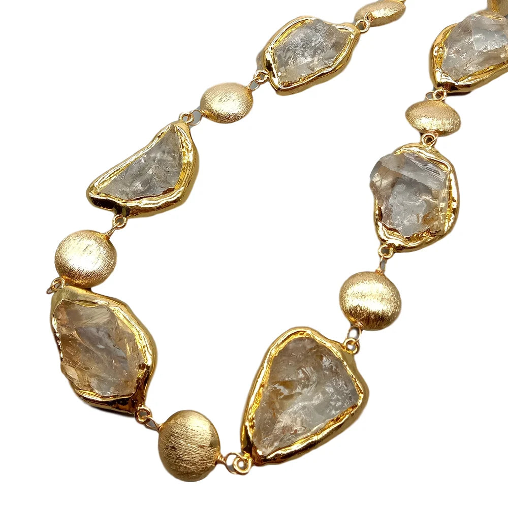 Y·YING Natural Citrines Raw Rough pave Gold color Plated Edge Brushed Bead choker Necklace 21" for women