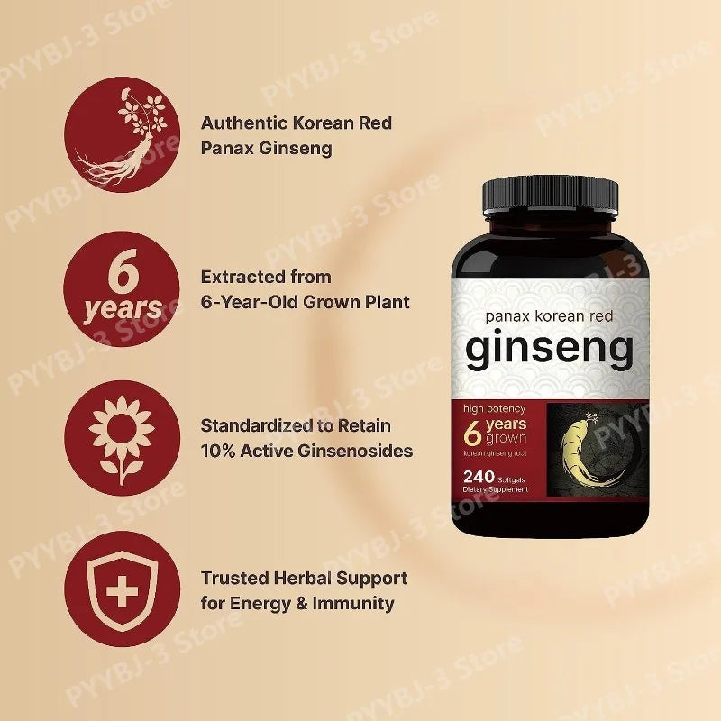 Korean Red Ginseng Panax Extract High Potency 240 Softgels Vegan Natural Energy Immune Support Supplement Suitable for Adults