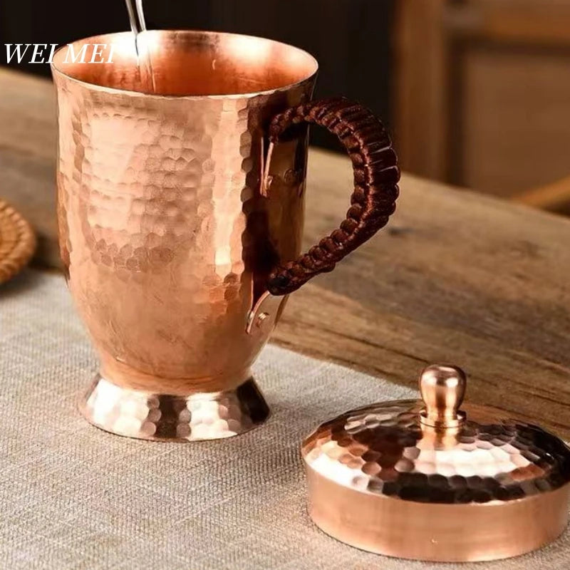 Vintage Pure Copper Mug,With lid Milk Breakfast Coffee Cup,Handcrafted Woven Handle Hammer Texture Home 400ml Tea Cup Tableware