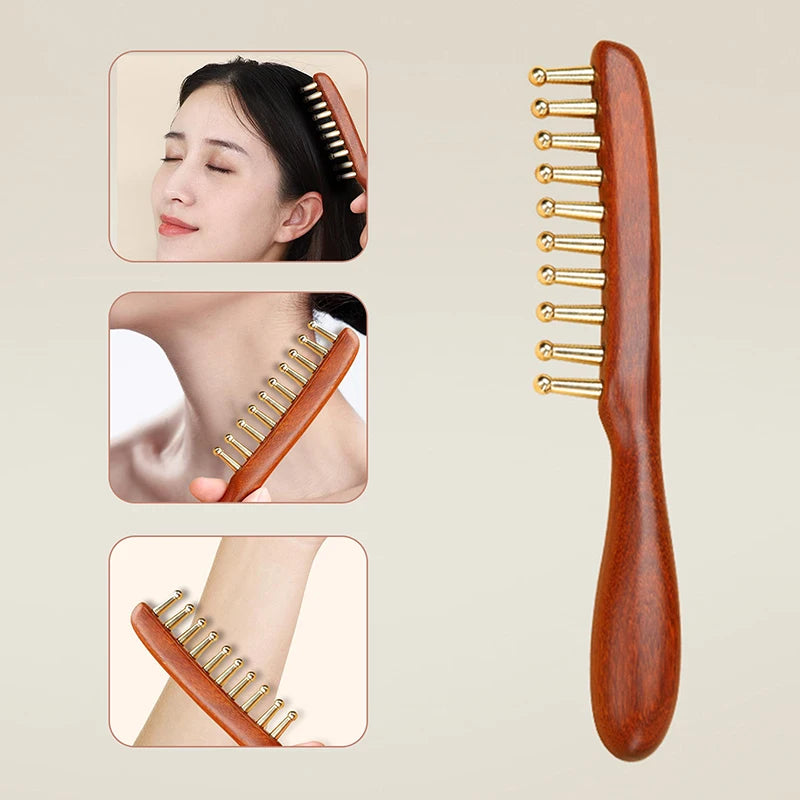 1 Pcs Sandalwood Massage Comb With Wide Teeth Unblocks The Meridians Of The Head The Brass Meridian Scalp And Hair Therapy Comb