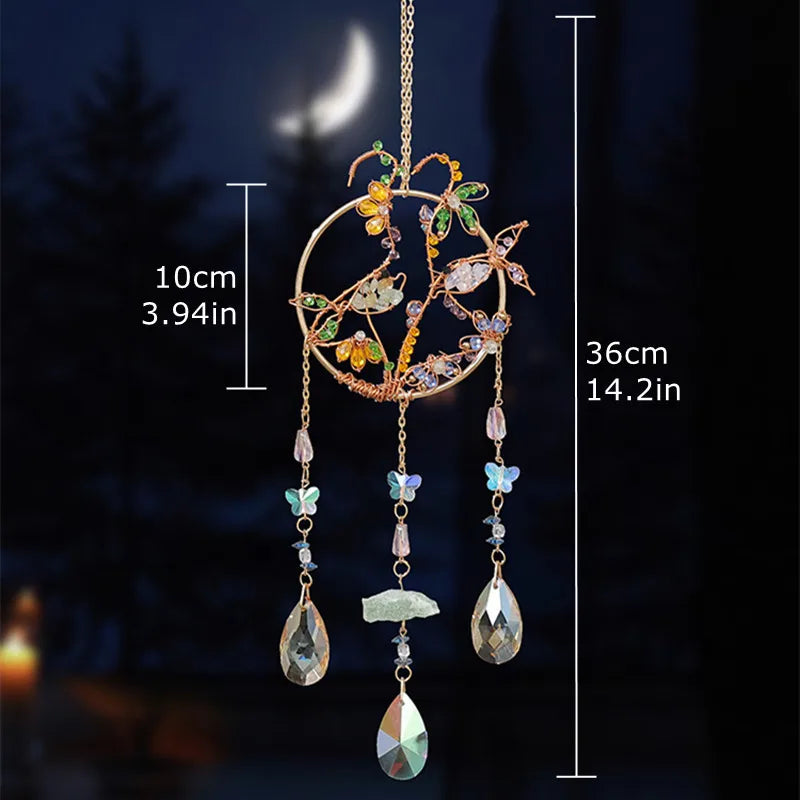 Crystal Suncatcher Hanging Home Decor Gemstone Pink Quartz Fluorite Agate Amethyst Tree of Life Dream Catcher for Christmas Gift