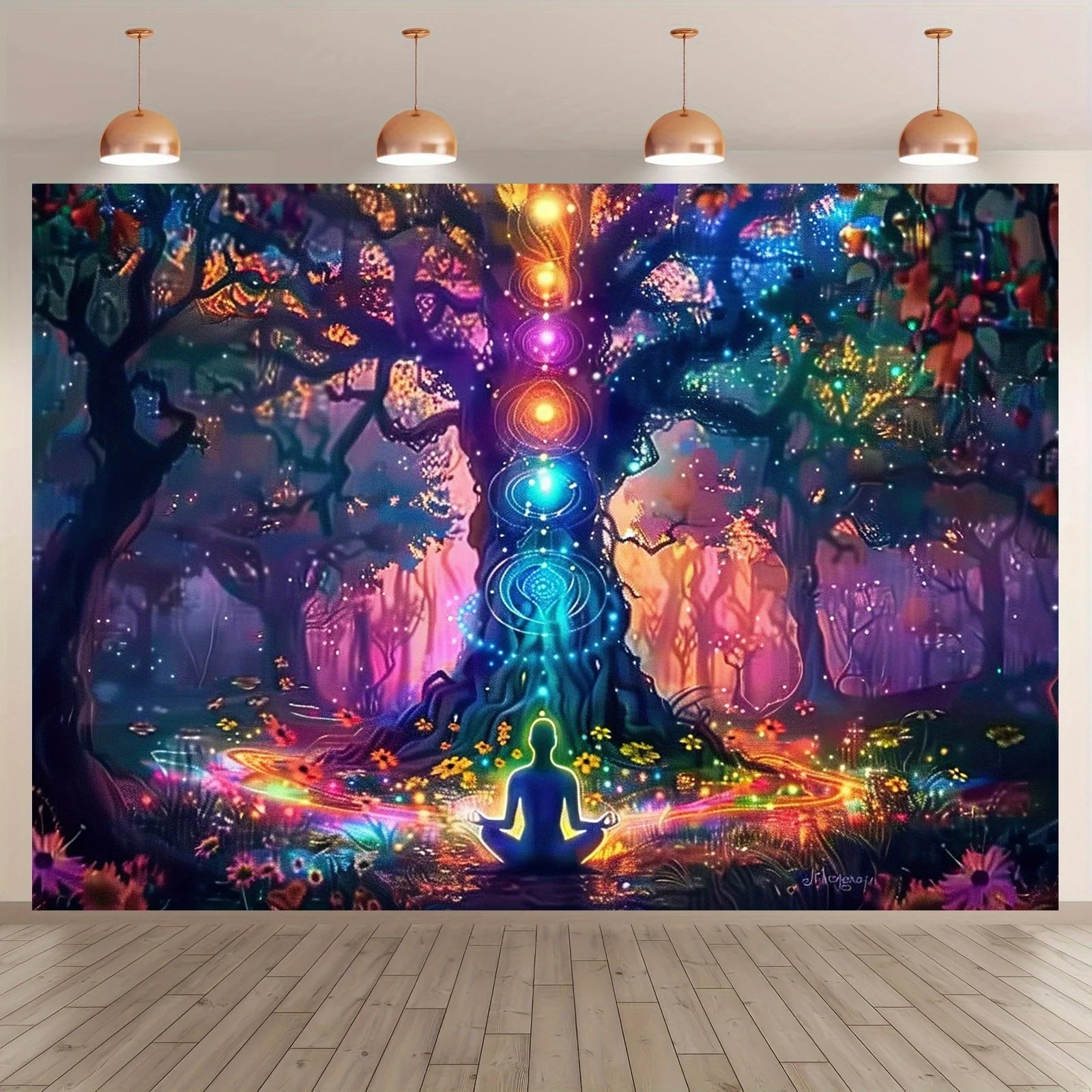 VIKAMA Spiritual Chakra Forest Tapestry Meditation Tree Bohemian Style Living Room Feature Wall Decor Room Accent