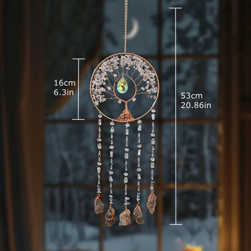 Crystal Suncatcher Hanging Home Decor Gemstone Pink Quartz Fluorite Agate Amethyst Tree of Life Dream Catcher for Christmas Gift