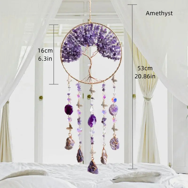 Crystal Suncatcher Hanging Home Decor Gemstone Pink Quartz Fluorite Agate Amethyst Tree of Life Dream Catcher for Christmas Gift