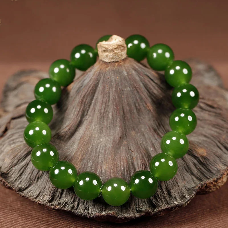 Natural Jade Bracelet Real Hetian Jasper Elastic Beaded Bangles Green Stone Fine Jewelry for Men & Women Couple Bracelets