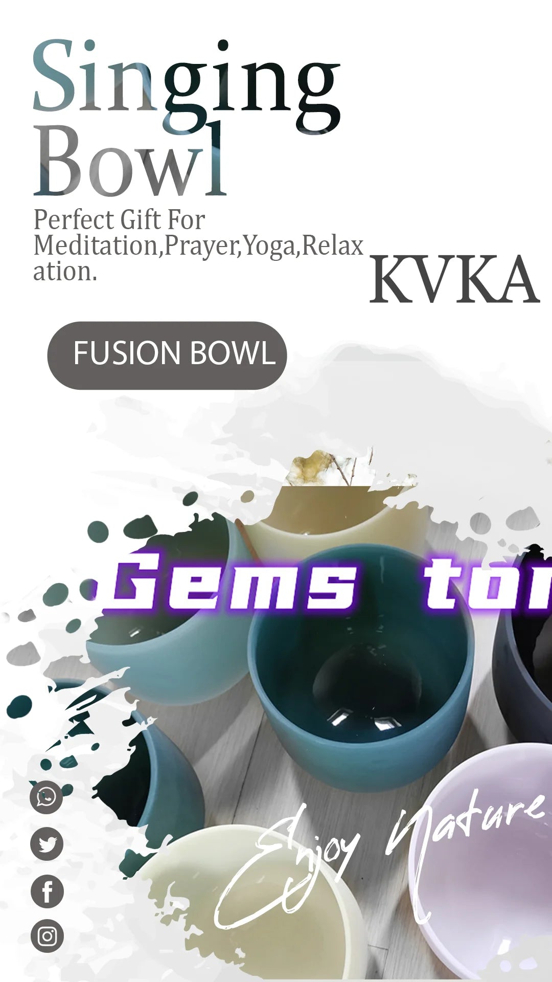 KVKA Chakra Frosted Quartz Crystal Singing Bowl For Meditation Yoga Healing