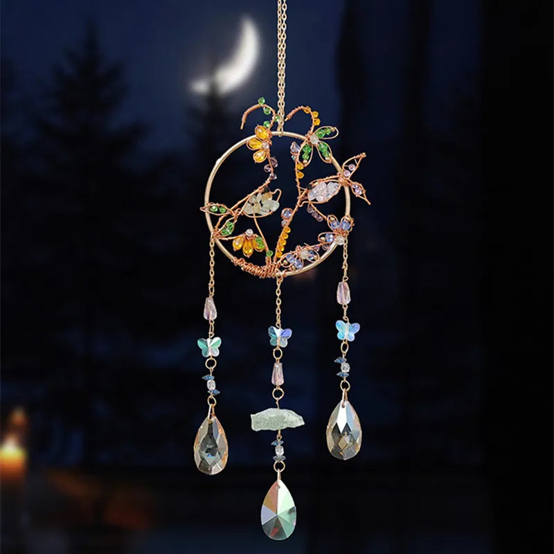 Crystal Suncatcher Hanging Home Decor Gemstone Pink Quartz Fluorite Agate Amethyst Tree of Life Dream Catcher for Christmas Gift
