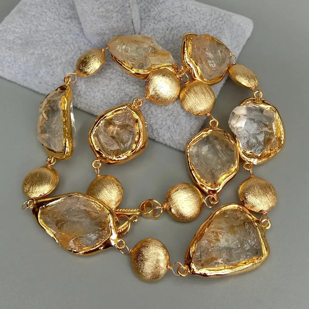 Y·YING Natural Citrines Raw Rough pave Gold color Plated Edge Brushed Bead choker Necklace 21" for women