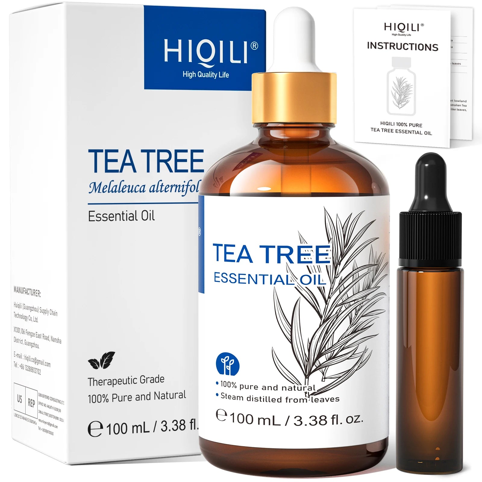 HIQILI 100% Tea Tree Essential Oil 100ml for Aromatherapy Massage DIY Beauty Skin Hair Relaxation Lavender Ginger Sandalwood