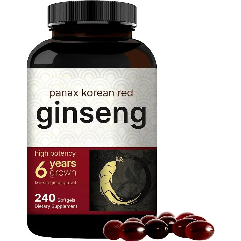 Korean Red Ginseng Panax Extract High Potency 240 Softgels Vegan Natural Energy Immune Support Supplement Suitable for Adults