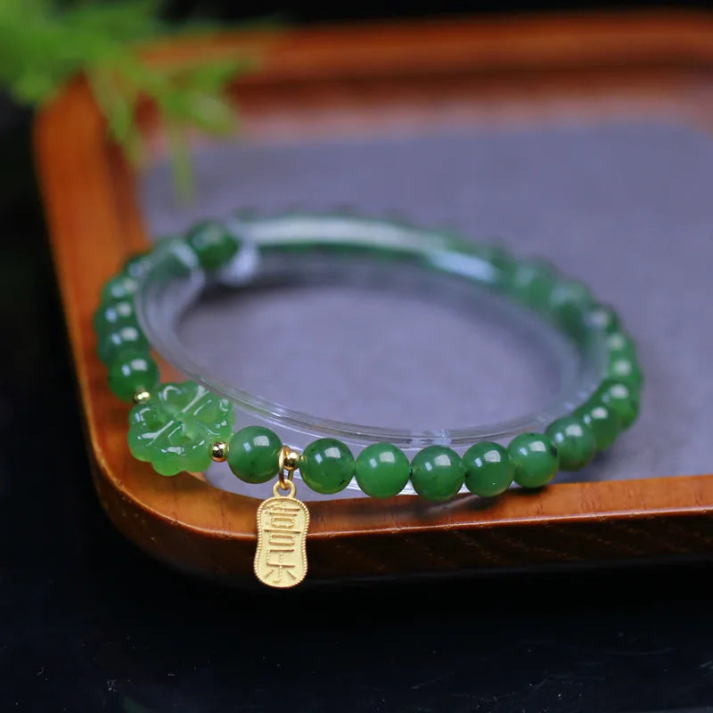 Natural Jade Bracelet Real Hetian Jasper Elastic Beaded Bangles Green Stone Fine Jewelry for Men & Women Couple Bracelets