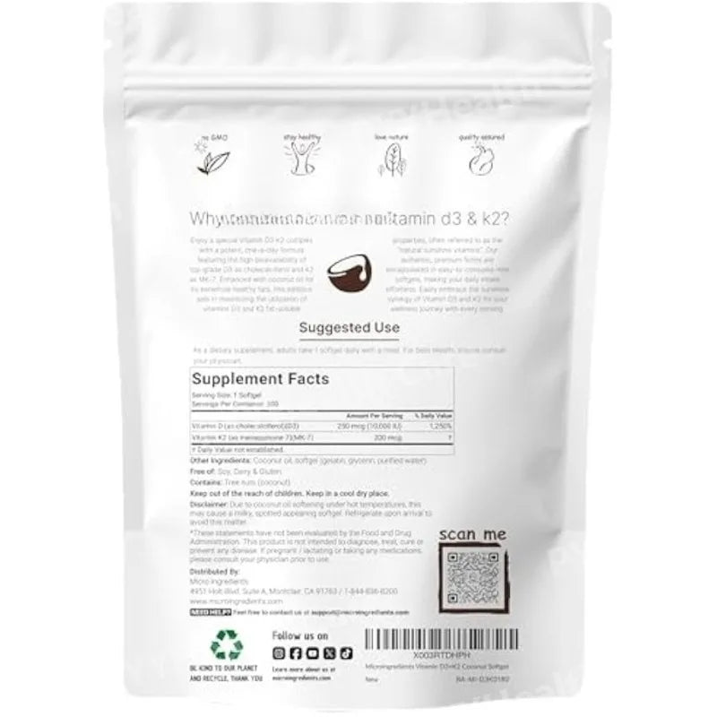 Vitamin D3 10000 IU + K2 MK-7 200 mcg Softgels with Coconut Oil 2-in-1 Vitamin D & K Complex Daily Supplement
